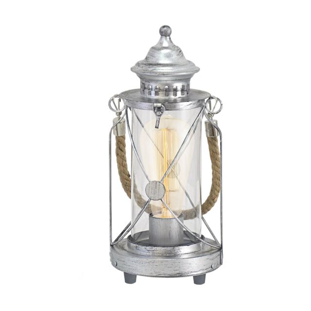 Loops Table Lamp Desk Light Antique Silver & Glass Lantern Shade 1 x 60W E27 Bulb in Metallics - image 1