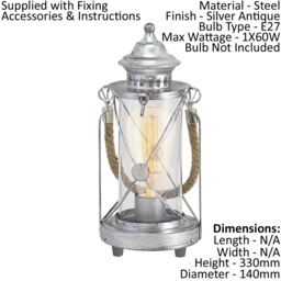 Loops Table Lamp Desk Light Antique Silver & Glass Lantern Shade 1 x 60W E27 Bulb in Metallics - thumbnail 2