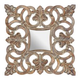 Orsina Coastal Wall Mirror With Weathered White Wood Effect, Square Mirror With Floral Vine Border For Gifting in Gold