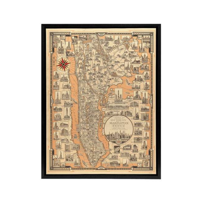 "Artery8 Chase 1939 Pictorial Map Manhattan & Bronx Framed Canvas Wall Art Print - Size: W12"" x H16""" - image 1
