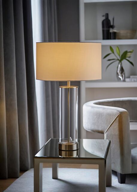 ValueLights Balan Glass & Brushed Chrome Table Lamp with Fabric Drum Lamp Shade in White - image 1