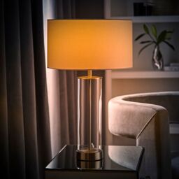 ValueLights Balan Glass & Brushed Chrome Table Lamp with Fabric Drum Lamp Shade in White - thumbnail 5