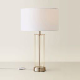 ValueLights Balan Glass & Brushed Chrome Table Lamp with Fabric Drum Lamp Shade in White - thumbnail 6