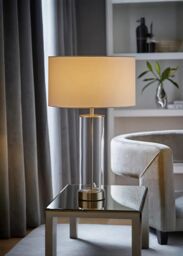 ValueLights Balan Glass & Brushed Chrome Table Lamp with Fabric Drum Lamp Shade in White