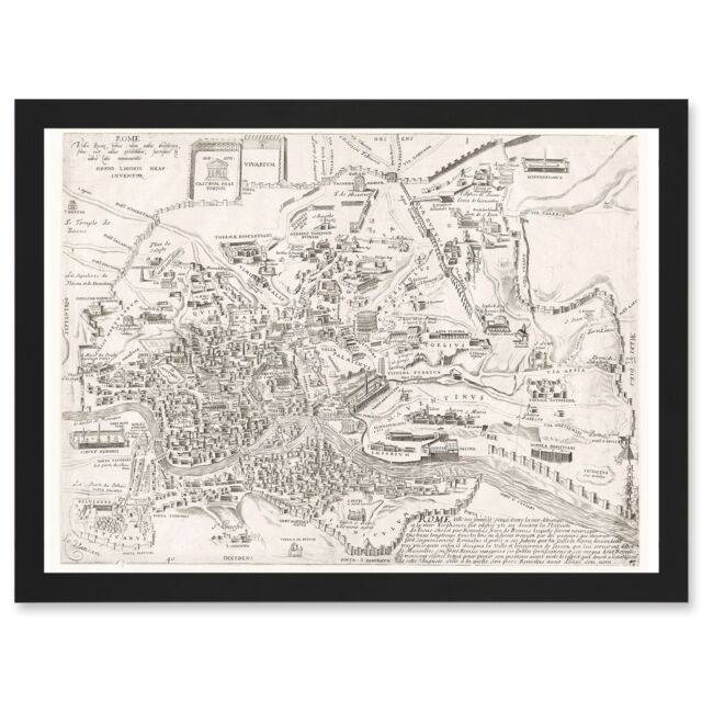 Artery8 Map Ligorio 16th Century Ancient Rome Roman City Plan Artwork Framed Wall Art Print A4 in Black - image 1