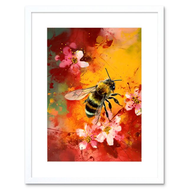 "Artery8 Wall Art Print Honey Bee on Abstract Flower Bed Oil Painting Artwork Framed 9X7 Inch in White - Size: W7"" x H9""" - image 1