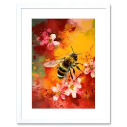 "Artery8 Wall Art Print Honey Bee on Abstract Flower Bed Oil Painting Artwork Framed 9X7 Inch in White - Size: W7"" x H9""" - thumbnail 1