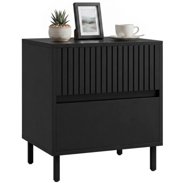 HOMCOM Bedside Cabinet with 2 Drawers, Storage & Steel Legs, Black - image 1