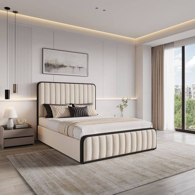 Modish Furnishing Olivia Cream Velvet Ottoman Storage Bed With Black Fabric Edges - Size: Double - image 1