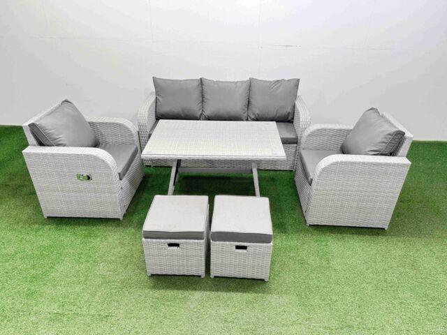 Fimous Reclining Chair 3 Seat Sofa Set Garden Furniture Set with Small Stools in Light Grey - image 1