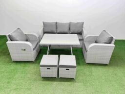 Fimous Reclining Chair 3 Seat Sofa Set Garden Furniture Set with Small Stools in Light Grey - thumbnail 2