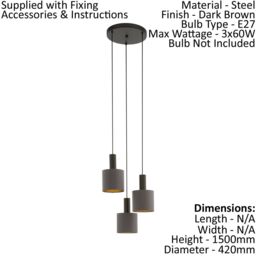 Loops Pendant Light Colour Dark Brown Shade Cappuccino Gold Fabric Bulb E27 3x60W - thumbnail 2
