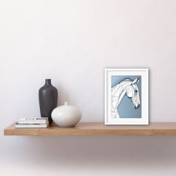 "Artery8 Wall Art Print Horse Portrait White & Blue Minimal Artwork Framed 9X7 Inch - Size: W7"" x H9""" - thumbnail 2