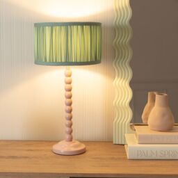 ValueLights Bobbins Painted Rose Table Lamp with Ruched Pleated Drum Lamp Shade in Pale Green - thumbnail 1