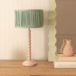 ValueLights Bobbins Painted Rose Table Lamp with Ruched Pleated Drum Lamp Shade in Pale Green - thumbnail 3