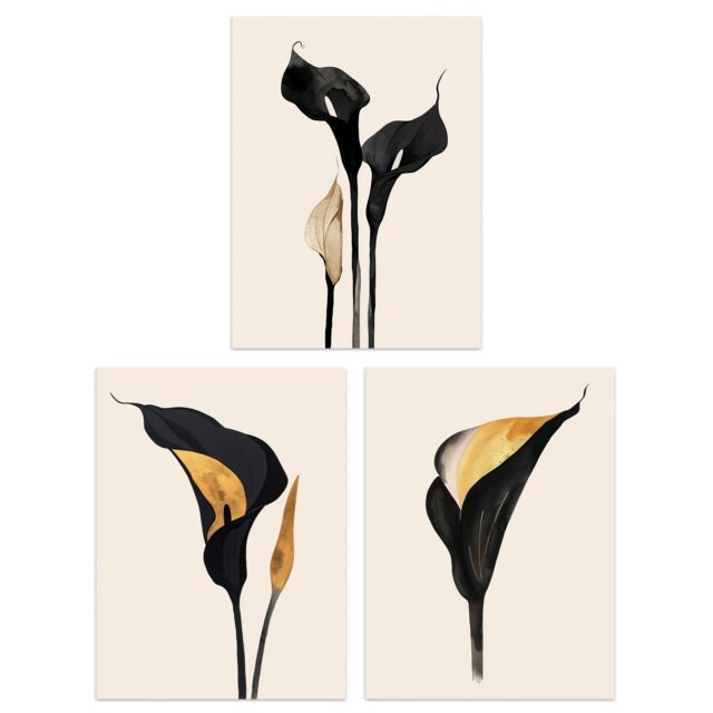 Artery8 Set of 3 Abstract Black Gold Calla Lily Flowers A4 Size Art Prints - image 1