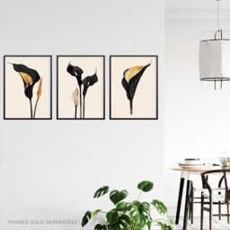 Artery8 Set of 3 Abstract Black Gold Calla Lily Flowers A4 Size Art Prints - thumbnail 3