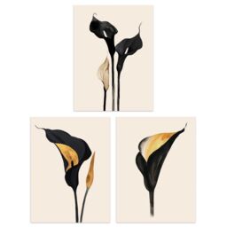 Artery8 Set of 3 Abstract Black Gold Calla Lily Flowers A4 Size Art Prints - thumbnail 1
