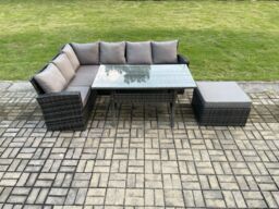 Fimous 7 Seater Garden Rattan Furniture Corner Dining Set with Big Footstool Indoor Outdoor Lounge Sofa Set Dark Grey Mixed - thumbnail 2
