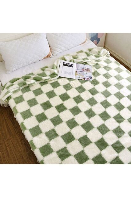 H&O Direct 200 x 230cm Comfortable Soft Checkerboard Plush All Seasons Throw Blanket for Bed & Sofa, Green - Size: 200 x 230 cm - image 1