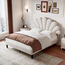 Matteo Luxury Beige 4ft6 Double Velvet Upholstered Bed Frame with Adjustable Petal Headboard & Solid Wood Slats - Easy Assembly - thumbnail 2