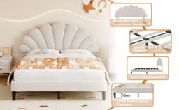 Matteo Luxury Beige 4ft6 Double Velvet Upholstered Bed Frame with Adjustable Petal Headboard & Solid Wood Slats - Easy Assembly - thumbnail 8