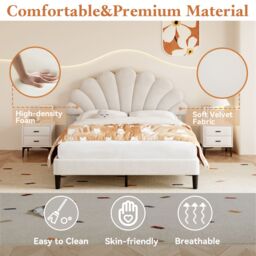 Matteo Luxury Beige 4ft6 Double Velvet Upholstered Bed Frame with Adjustable Petal Headboard & Solid Wood Slats - Easy Assembly - thumbnail 5