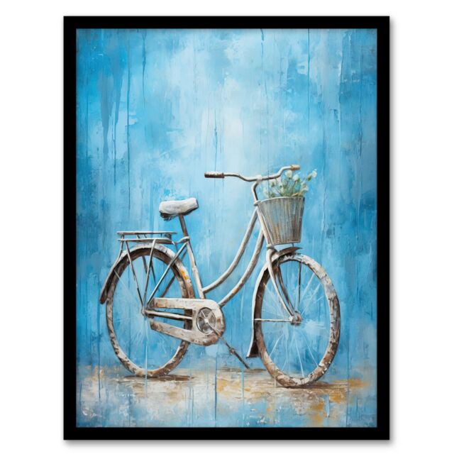 Artery8 Wall Art Print Simple Elegant Single Bicycle On Blue Modern Contemporary Detailed Flower Basket Artwork Art Framed in Black - Size: A4 - image 1