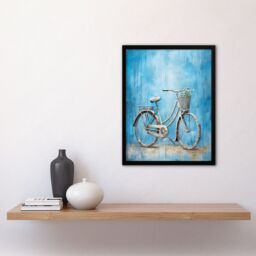 Artery8 Wall Art Print Simple Elegant Single Bicycle On Blue Modern Contemporary Detailed Flower Basket Artwork Art Framed in Black - Size: A4 - thumbnail 4