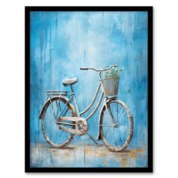 Artery8 Wall Art Print Simple Elegant Single Bicycle On Blue Modern Contemporary Detailed Flower Basket Artwork Art Framed in Black - Size: A4 - thumbnail 1