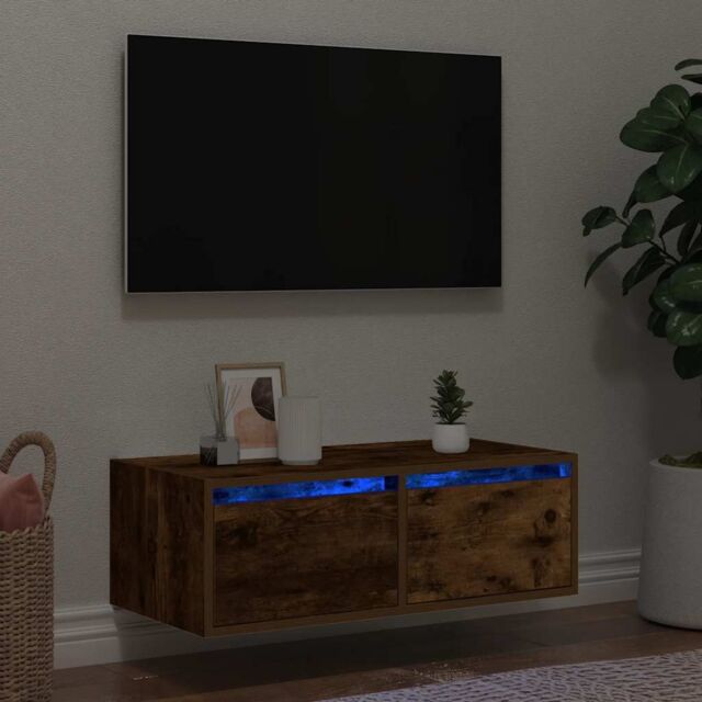 Berkfield Home TV Cabinet with LED Lights Smoked Oak 75x35.5x25 cm in Brown - image 1