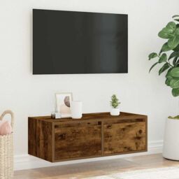 Berkfield Home TV Cabinet with LED Lights Smoked Oak 75x35.5x25 cm in Brown - thumbnail 4