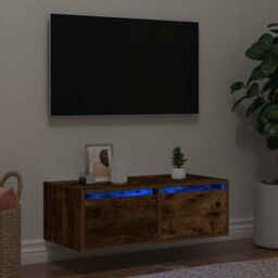 Berkfield Home TV Cabinet with LED Lights Smoked Oak 75x35.5x25 cm in Brown - thumbnail 1