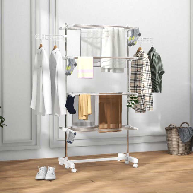 HOMCOM Large Clothes Airer Stainless Steel Clothes Drying Rack White in Silver - image 1