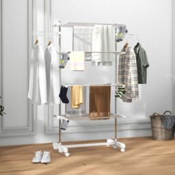 HOMCOM Large Clothes Airer Stainless Steel Clothes Drying Rack White in Silver - thumbnail 1