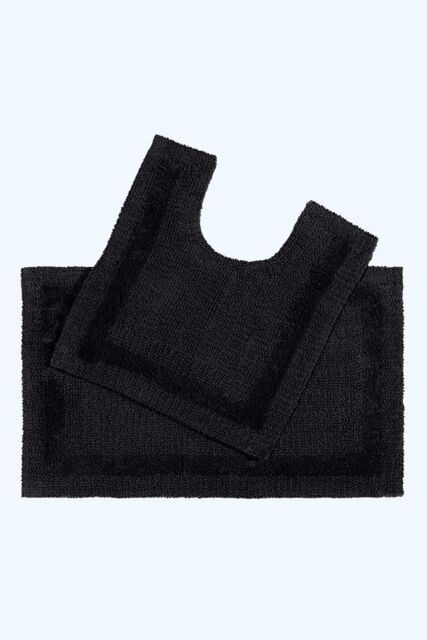 Homescapes Luxury Bath Mat Set Reversible 1600GSM 100% Cotton 2 Pc w. Pedestal Mat in Black - image 1