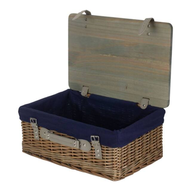 Red Hamper Antique Wash Navy Lined Willow Empty Picnic Basket with Pinewood Lid - Size: Medium - image 1