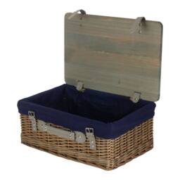 Red Hamper Antique Wash Navy Lined Willow Empty Picnic Basket with Pinewood Lid - Size: Medium