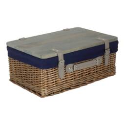 Red Hamper Antique Wash Navy Lined Willow Empty Picnic Basket with Pinewood Lid - Size: Medium - thumbnail 2