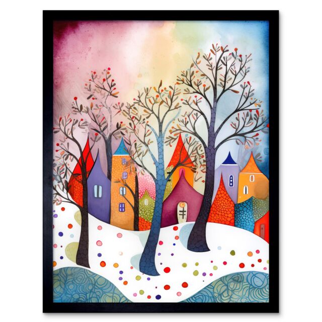 "Artery8 Wall Art Print Winter Whimsy Forest Village Folk Art Framed in Black - Size: W12"" x H16""" - image 1