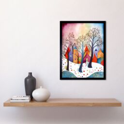 "Artery8 Wall Art Print Winter Whimsy Forest Village Folk Art Framed in Black - Size: W12"" x H16""" - thumbnail 2