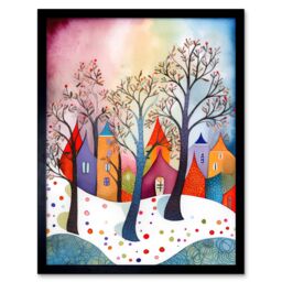 "Artery8 Wall Art Print Winter Whimsy Forest Village Folk Art Framed in Black - Size: W12"" x H16""" - thumbnail 1