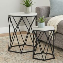 Orsina Industrial Design Set Of Two Hexagonal Side Tables, Versatile Table For Livingroom, Everyday Use Lounge Table in White - thumbnail 1