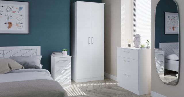 Swift Devon 3 Piece Bedroom Set (Wardrobe, Chest & Bedside) in White Matt - Ready Assembled - image 1