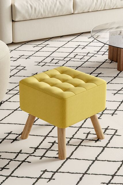 Living and Home Bright Yellow Linen Padded Wooden Leg Square Footstool - image 1