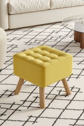 Living and Home Bright Yellow Linen Padded Wooden Leg Square Footstool