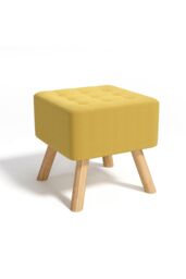 Living and Home Bright Yellow Linen Padded Wooden Leg Square Footstool - thumbnail 3
