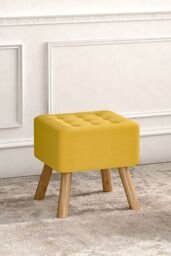 Living and Home Bright Yellow Linen Padded Wooden Leg Square Footstool - thumbnail 2