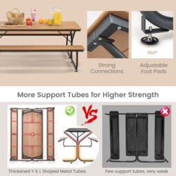 Costway Outdoor Dining Table & 2 Benches Picnic Table Bench Set w/ Umbrella Hole in Brown - thumbnail 4