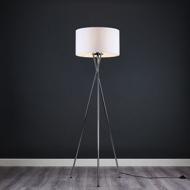 ValueLights Camden Polished Chrome Tripod Floor Lamp with White Drum Lamp Shade - image 1